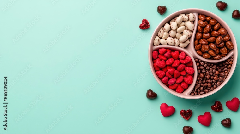 Valentine's Day Chocolate and Candy Treats on a Mint Background Valentine's Day Chocolate and Candy Treats on a Mint Background