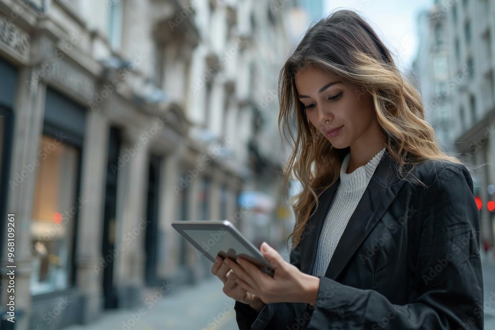 photo of a female business professional confidently using a digital tablet on a bustling urban street. photo of a female business professional confidently using a digital tablet on a bustling urban street.
