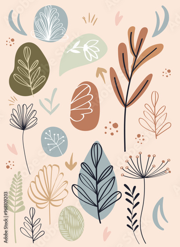 Plants in primitive boho style, pastel colors, hand-drawn.