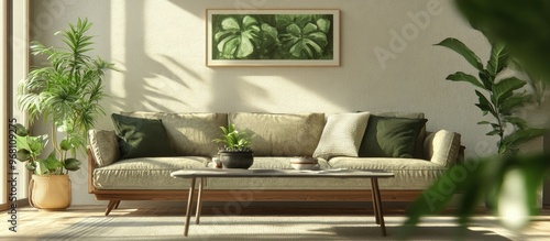 Wallpaper Mural Contemporary interior featuring a sofa cushions table and plants showcasing a 3D design Torontodigital.ca