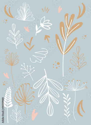 Plants in primitive boho style, pastel colors, hand-drawn.