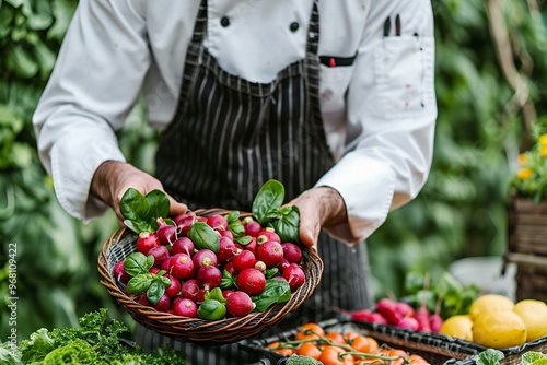 chef gathering fresh produce at a local farmers market for a farm-to-table culinary creation.