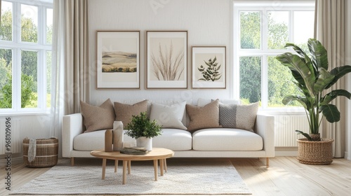 Concept of a bright Scandinavian living room featuring a sofa decorative vases on wooden flooring framed art on a large wall and soft curtains with a serene landscape view 3D rendering