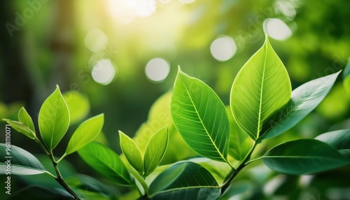 Sunlit Green Leaves Close-Up: A Serene Nature Scene with Vibrant Foliage, Soft Focus Background, and Warm Natural Light in a Peaceful Forest Setting, Symbolizing Growth and Tranquility