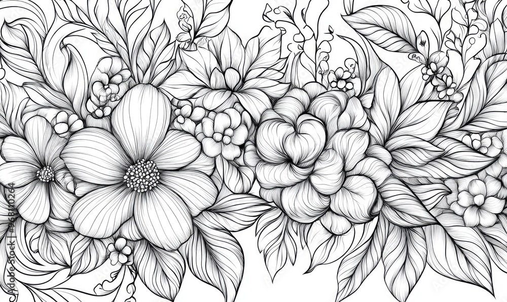 custom made wallpaper toronto digitalFantasy floral and leaf designs for a coloring book banner featuring 2D cartoon illustrations in outline format for stress relief and creative expression