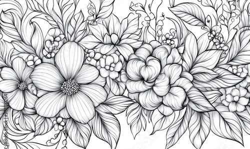 Wallpaper Mural Fantasy floral and leaf designs for a coloring book banner featuring 2D cartoon illustrations in outline format for stress relief and creative expression Torontodigital.ca