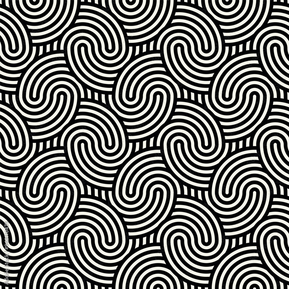 Vector seamless pattern. Geometric bold striped ornament. Stylish monochrome background. Bold repeating texture with winding ribbons. Vector seamless pattern. Geometric bold striped ornament. Stylish monochrome background. Bold repeating texture with winding ribbons.
