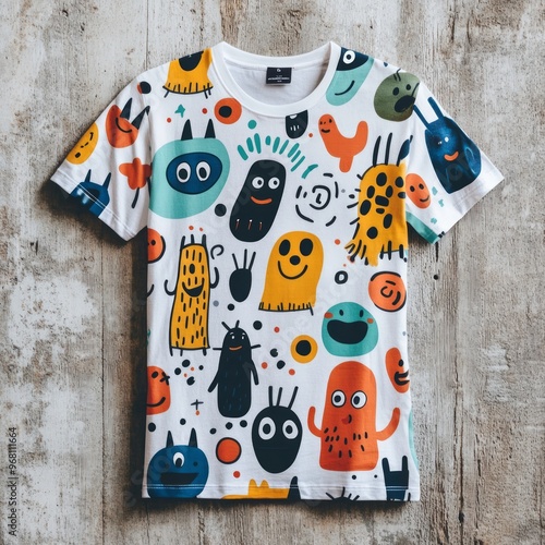 A colorful t-shirt featuring playful monster designs and cheerful patterns. photo