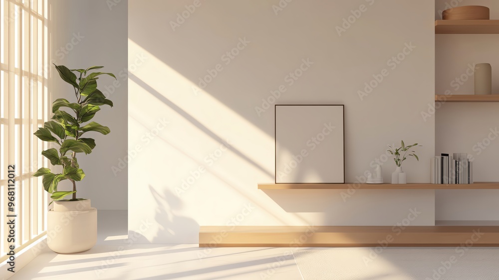 Fototapeta premium Minimalist living room interior with sunlight, plant, and empty frame for mockup.