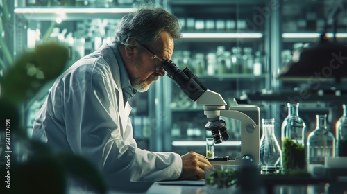 Scientist in Modern Laboratory Examining Vial of Spirulina