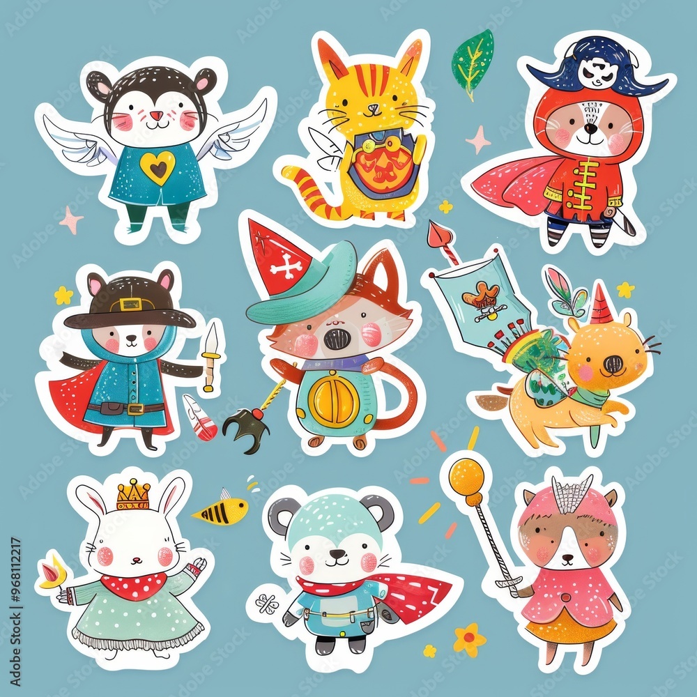 Naklejka premium A sticker sheet showcasing animals in whimsical costumes