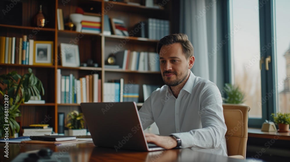 Office Professional with Laptop in Stylish Modern Workspace Office Professional with Laptop in Stylish Modern Workspace