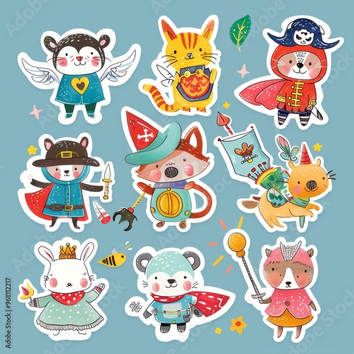 A sticker sheet showcasing animals in whimsical costumes