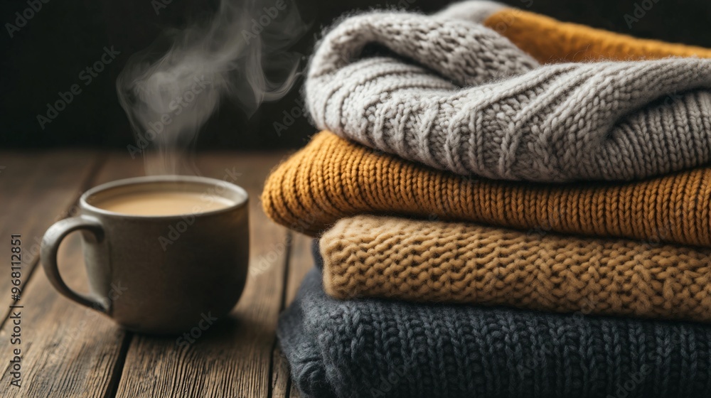 A stack of wool sweaters in a variety of textures and colors, folded neatly on a wooden table beside a steaming mug of coffee A stack of wool sweaters in a variety of textures and colors, folded neatly on a wooden table beside a steaming mug of coffee
