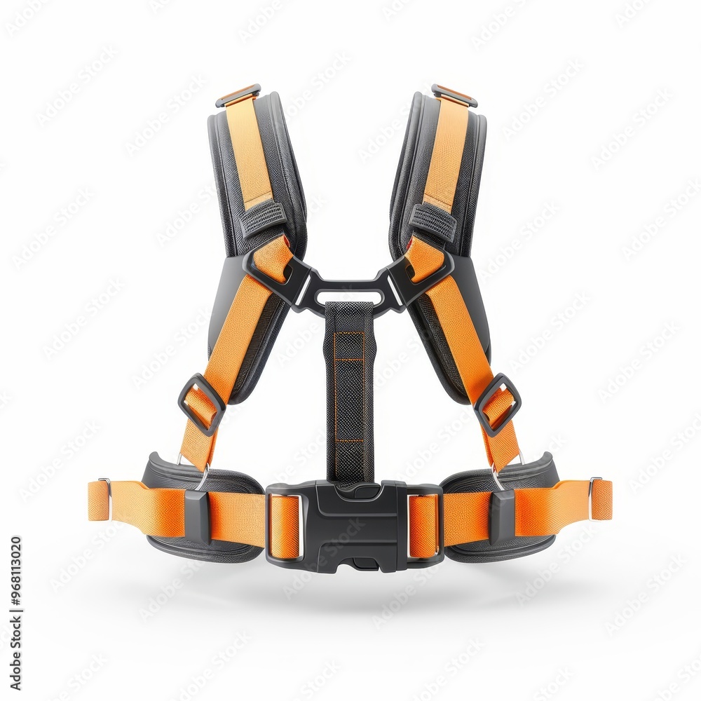 Fototapeta premium Safety belt with chest strap, harness element, detailed 3D render, sturdy material, isolated on white background.
