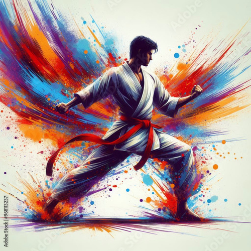 Dynamic martial artist executing a powerful move with colorful energy

