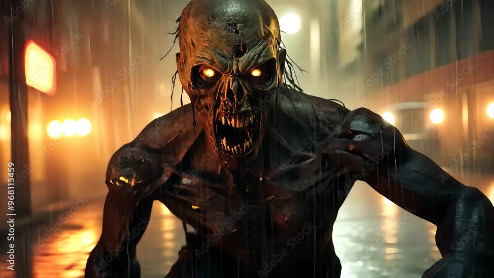 Zombie with sharp teeth glowing eyes city street at night horror evil monster