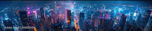 Wallpaper Mural A vibrant aerial view of a cityscape at night, illuminated with colorful lights from buildings and streets below. Free copy space for banner. Torontodigital.ca
