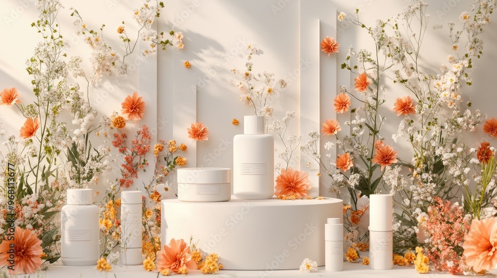 Cosmetics arranged on a podium surrounded by floral decorations 3D illustration 3D rendering Cosmetics arranged on a podium surrounded by floral decorations 3D illustration 3D rendering