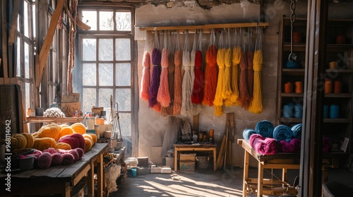 An artisan dying wool in vibrant natural colors, with skeins hanging to dry in a sunlit workshop filled with tools and materials photo