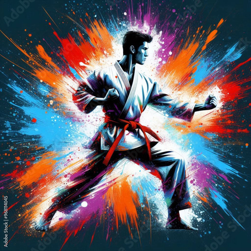 Dynamic martial artist executing a powerful move with colorful energy

