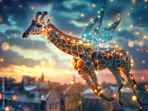 Flying giraffe with wings and decorative lights against a whimsical sunset background