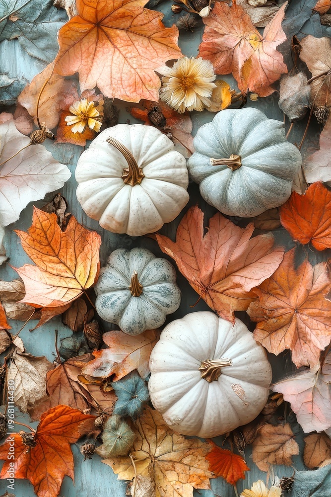 Fototapeta premium Autumnal composition of pumpkins and flowers forming a festive background