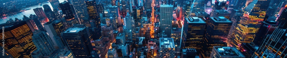 A vibrant aerial view of a cityscape at night, illuminated with colorful lights from buildings and streets below. Free copy space for banner. A vibrant aerial view of a cityscape at night, illuminated with colorful lights from buildings and streets below. Free copy space for banner.