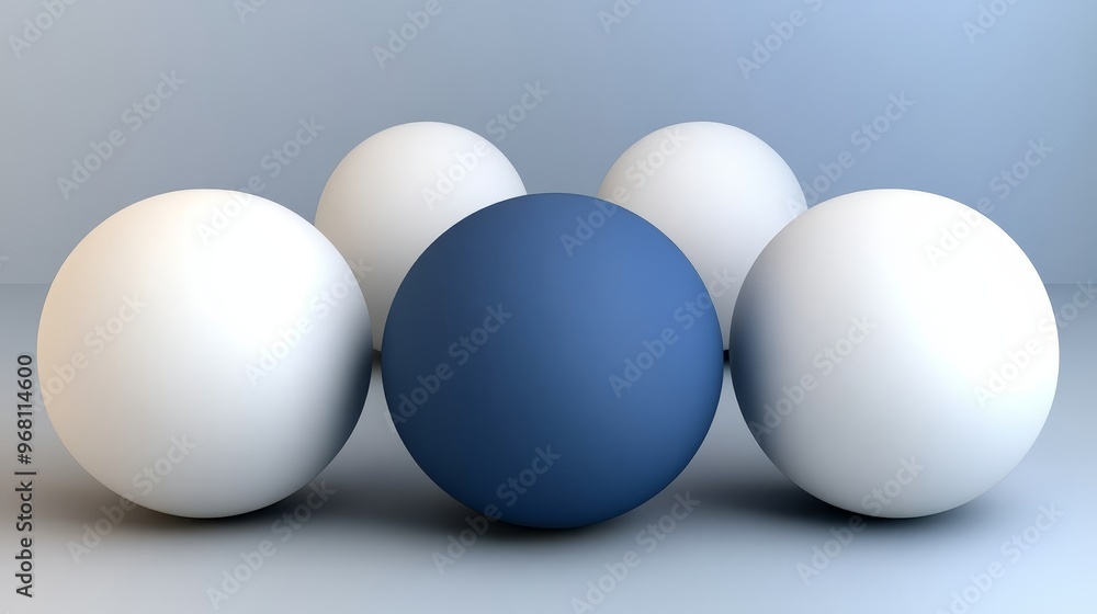 A modern composition of spheres showcasing a central blue ball surrounded by white spheres, perfect for abstract design concepts. A modern composition of spheres showcasing a central blue ball surrounded by white spheres, perfect for abstract design concepts.