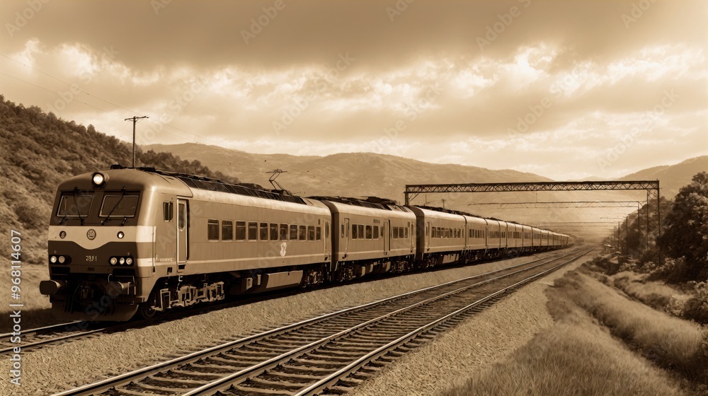 Fototapeta premium Generative AI, A train moving through a scenic, rural landscape with rolling hills and mountains in the background, evoking a sense of travel and nostalgia in a sepia-toned photograph