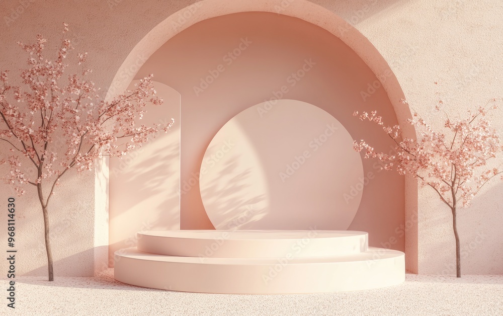 Empty rose colored podium featuring geometric shapes in a beige composition designed for modern stage display and abstract showcase purposes 3D illustration or render Empty rose colored podium featuring geometric shapes in a beige composition designed for modern stage display and abstract showcase purposes 3D illustration or render