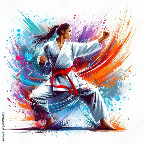 Dynamic martial artist executing a powerful move with colorful energy

