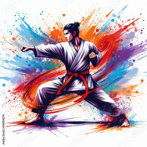 Dynamic martial artist executing a powerful move with colorful energy

