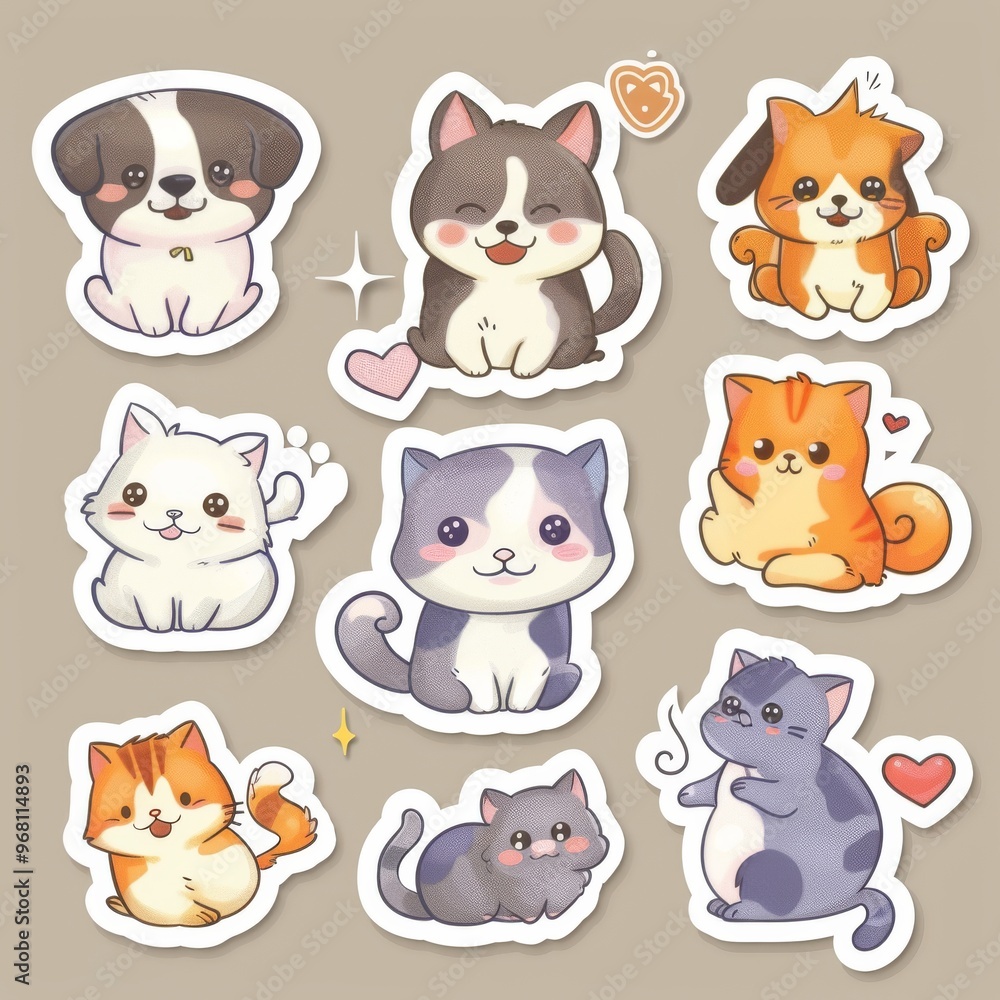 A sticker sheet for fluffy pet animals, including cats, dogs, hamsters, and rabbits