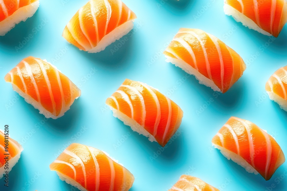 Pattern of salmon nigiri sushi pieces casting a shadow Pattern of salmon nigiri sushi pieces casting a shadow