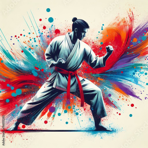 Dynamic martial artist executing a powerful move with colorful energy

