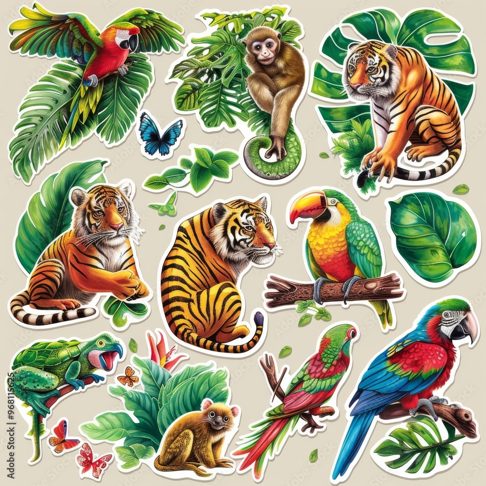 Fototapeta premium A sticker sheet with exotic jungle animals, including tigers, parrots, monkeys, and tropical frogs