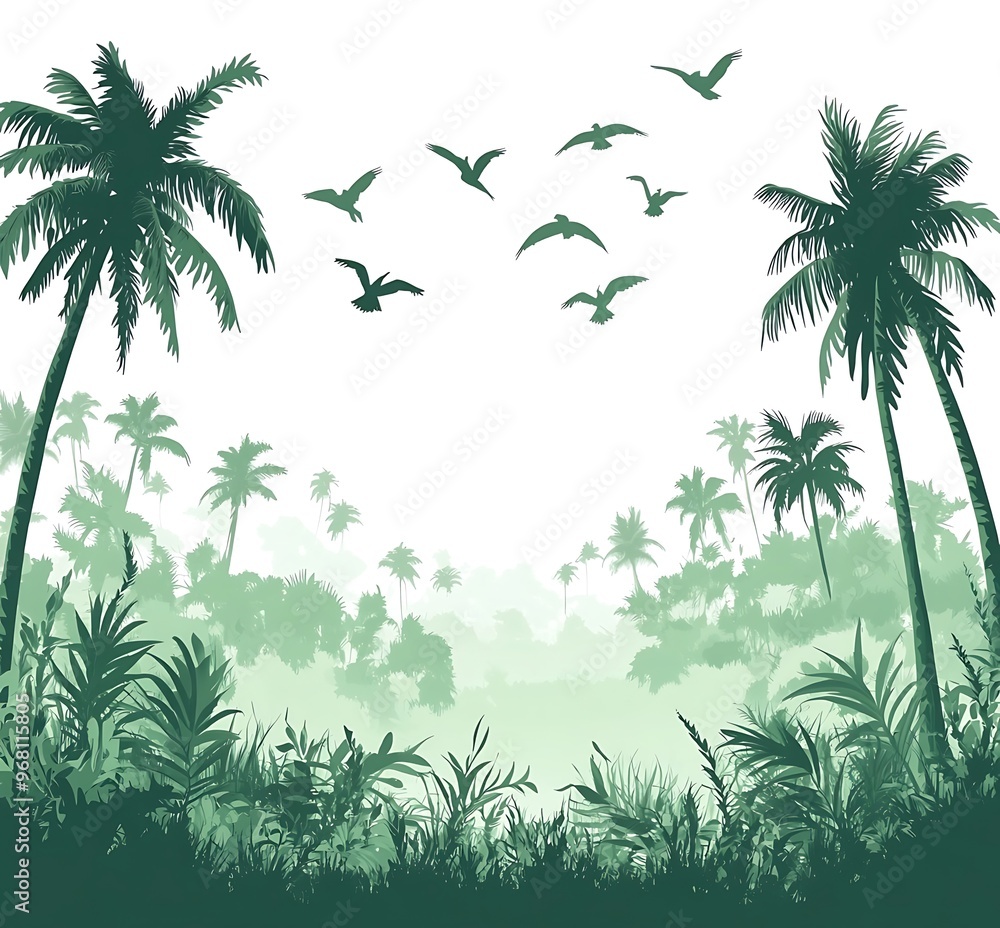 Fototapeta premium Green tropical jungle background with palm trees and birds.