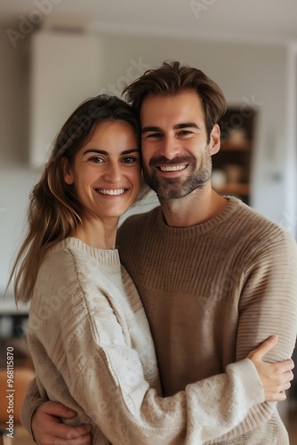 Happy smiling middle aged romantic affectionate couple mature older man and woman hugging standing at home together looking at camera enjoying bonding in modern house living room. Vertical portrait.