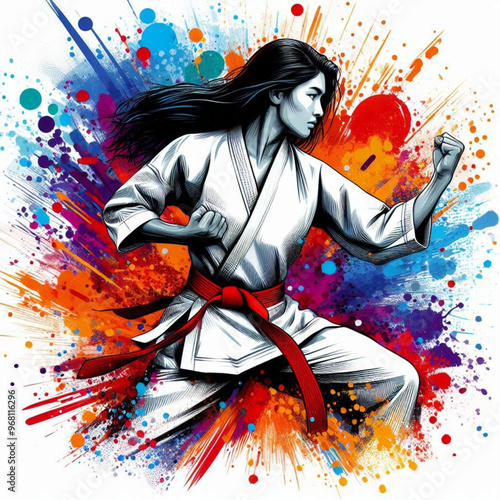 Dynamic martial artist executing a powerful move with colorful energy

