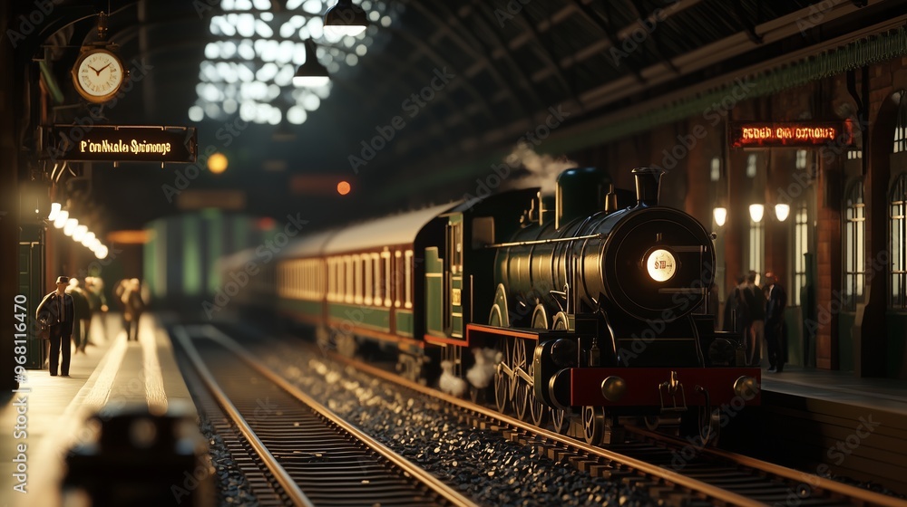 Obraz premium Historic steam train at a busy railway station platform during the evening rush hour with passengers waiting nearby