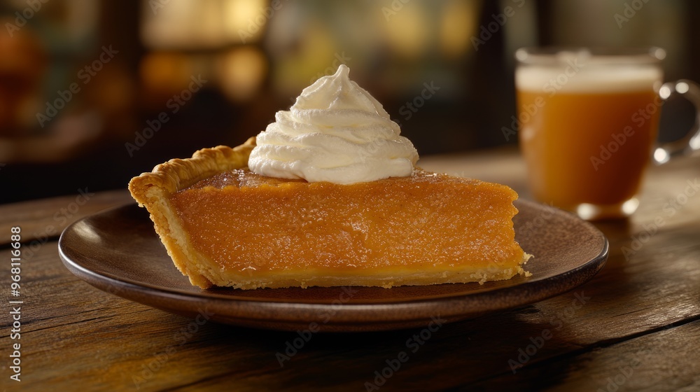 Tasty and festive sweet potato pie with whipped cream on top is displayed on a rustic wooden table next to a glass of cider