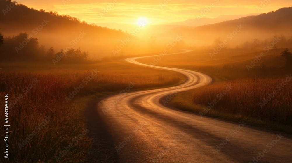 Winding Road Through Misty Golden Sunrise Landscape Winding Road Through Misty Golden Sunrise Landscape