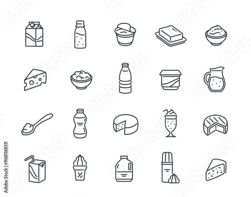 Dairy products line icon set. Simple symbols with milk, cheese, butter, cream, ice cream and cottage cheese. Editable stroke. Outline vector illustration collection isolated on white background
