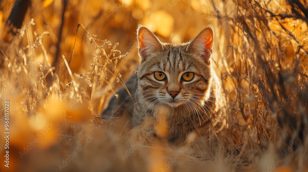 Tabby Cat Gazing from Tall Grass in Golden Sunlight Tabby Cat Gazing from Tall Grass in Golden Sunlight