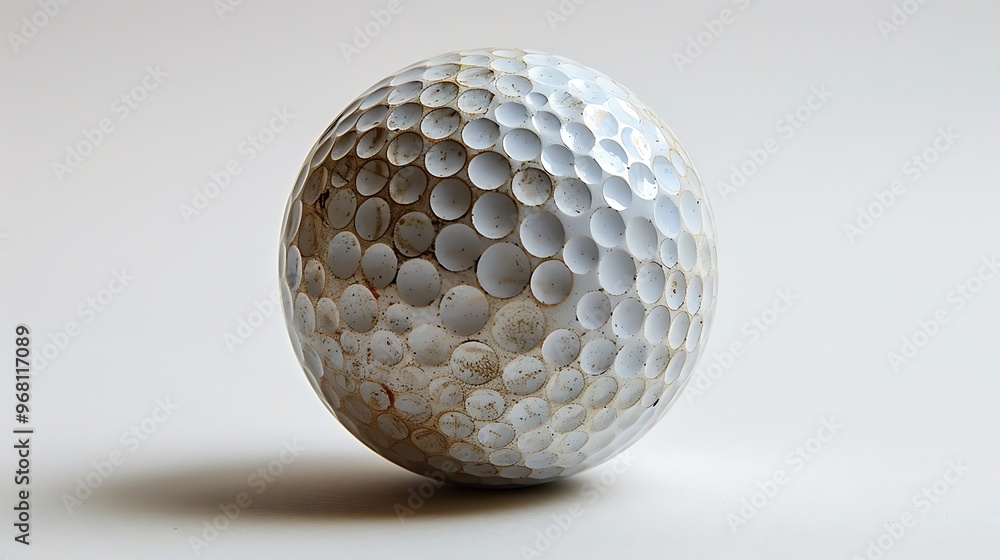 Close-up of a single golf ball with its surface texture and dimples clearly visible against a white background. Close-up of a single golf ball with its surface texture and dimples clearly visible against a white background.