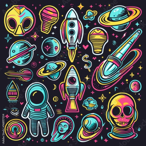 A sticker sheet with a space exploration theme