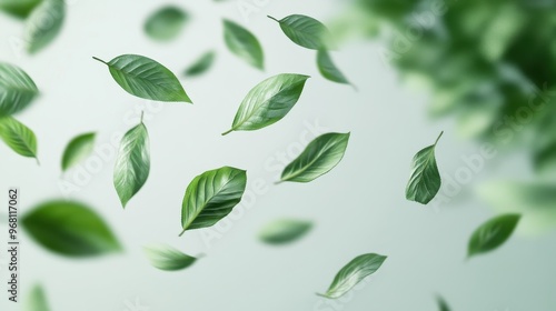 Falling Green Leaves on a Light Blue Background