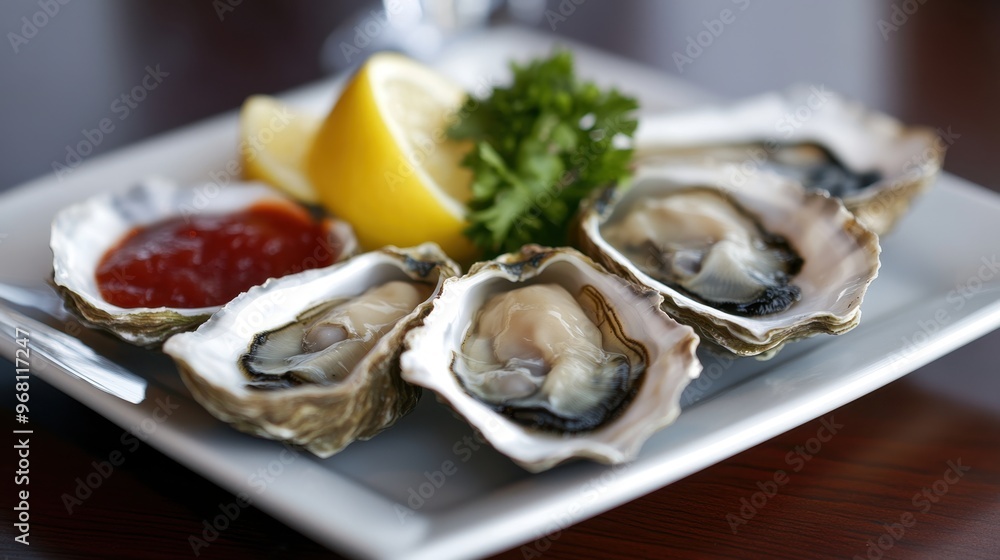 Fresh Oysters on Plate with Lemon and Sauce Fresh Oysters on Plate with Lemon and Sauce