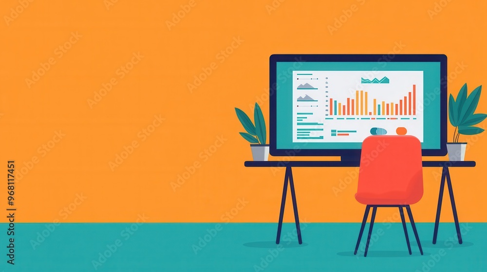 Fototapeta premium Modern Office Desk with Computer and Chair on Orange and Blue Background